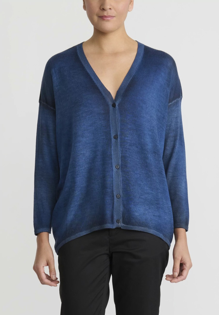 Avant Toi Knitwear | Hand-Painted Cashmere & Silk Con Stondatura Cardigan In Nero Genziana Blue