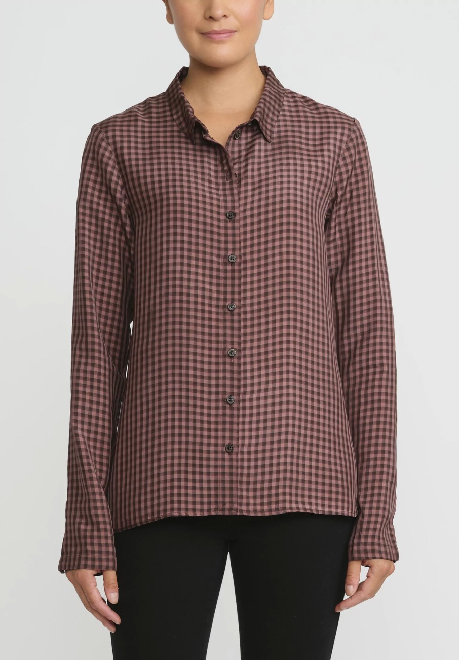 Rundholz Shirts & Blouses | Small Check Button-Up Shirt In Rust Brown & Pink