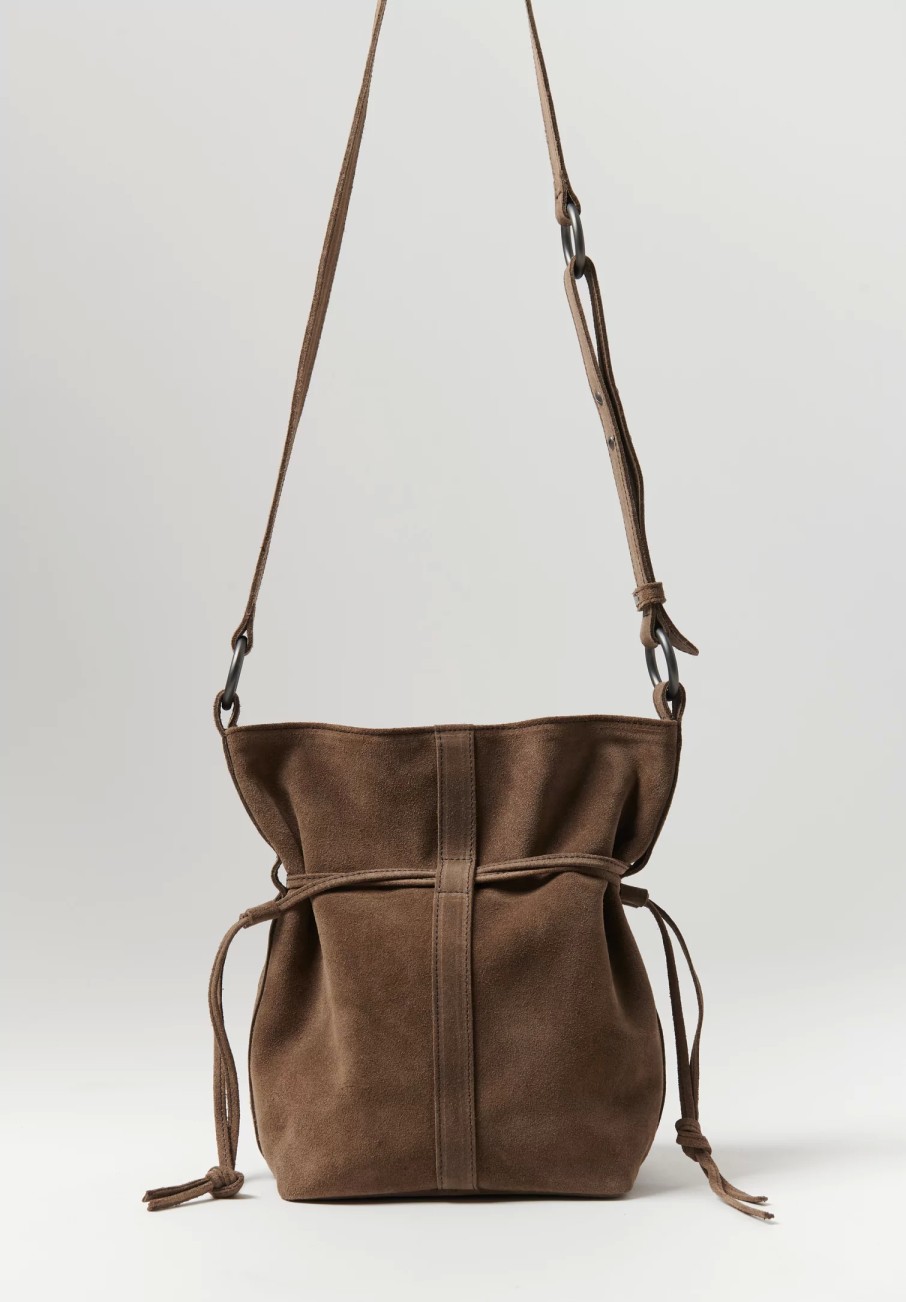 Corîu Handbags | Suede Small Bucket Crossbody Bag In Taupe