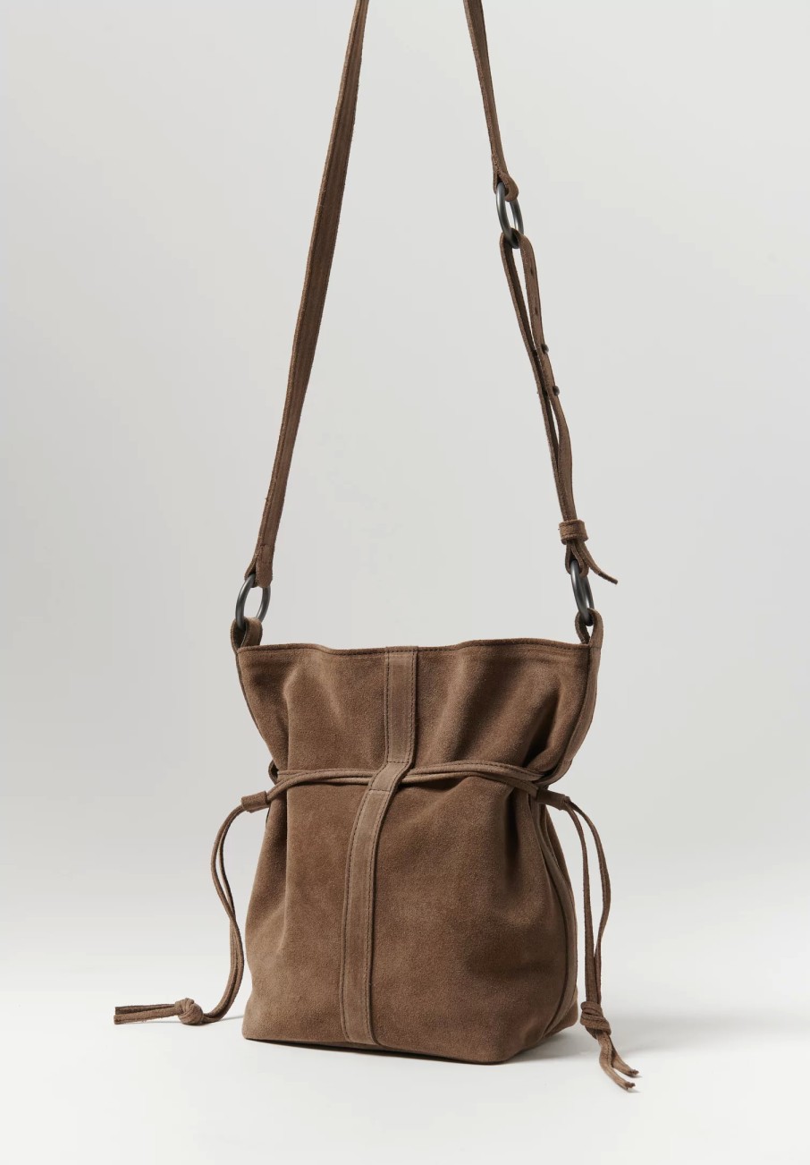 Corîu Handbags | Suede Small Bucket Crossbody Bag In Taupe