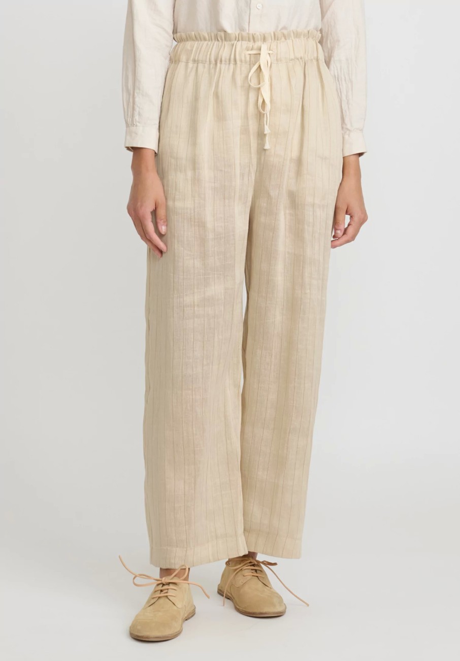 A Tentative Atelier Pants | Hemp Linen Stripe Elastic Waist Geisel Pants In Beige Natural