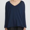 Album di Famiglia Tops | Serie Numerata Cotton Knit Scollo V-Neck Top In Navy Blue