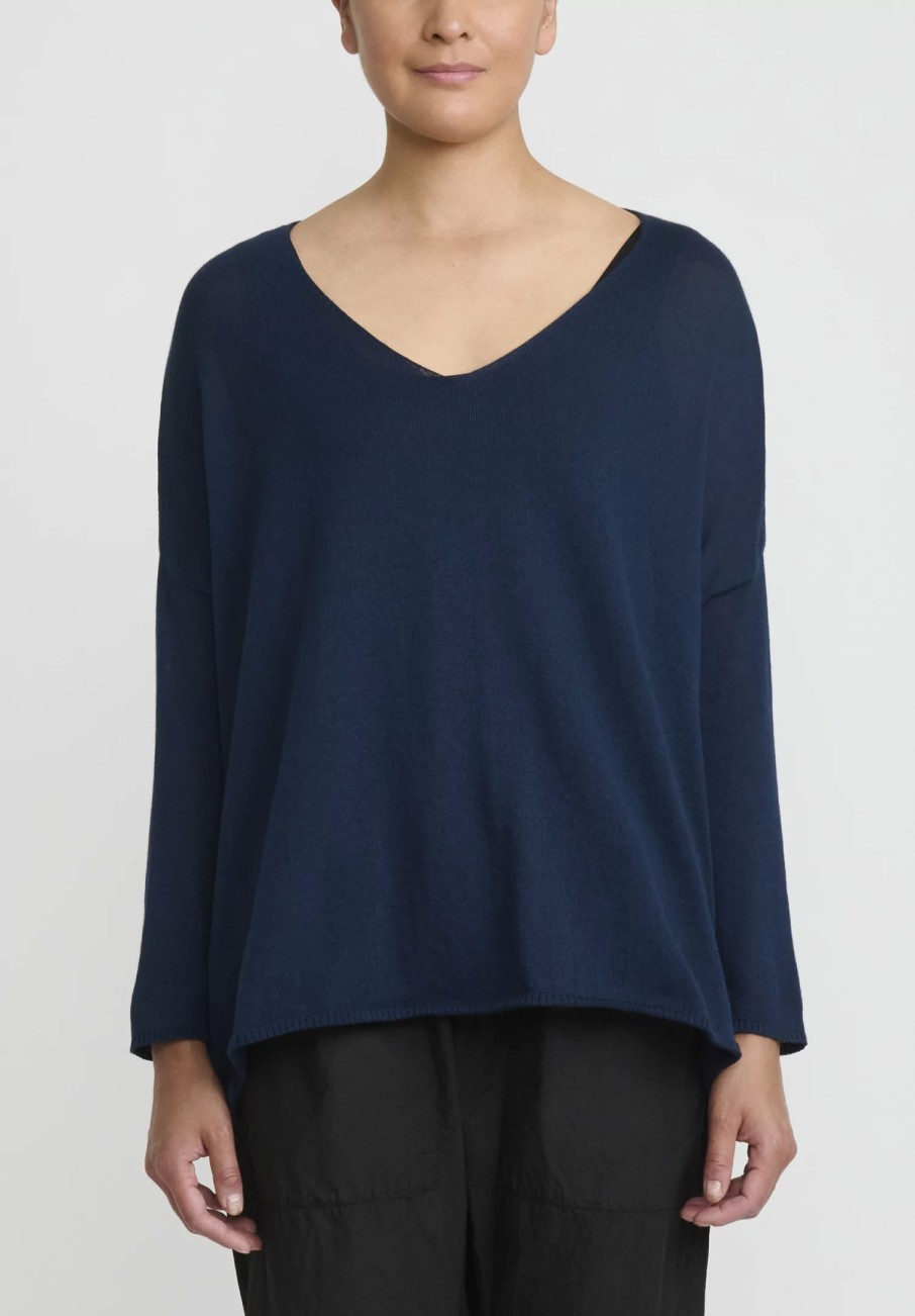 Album di Famiglia Tops | Serie Numerata Cotton Knit Scollo V-Neck Top In Navy Blue