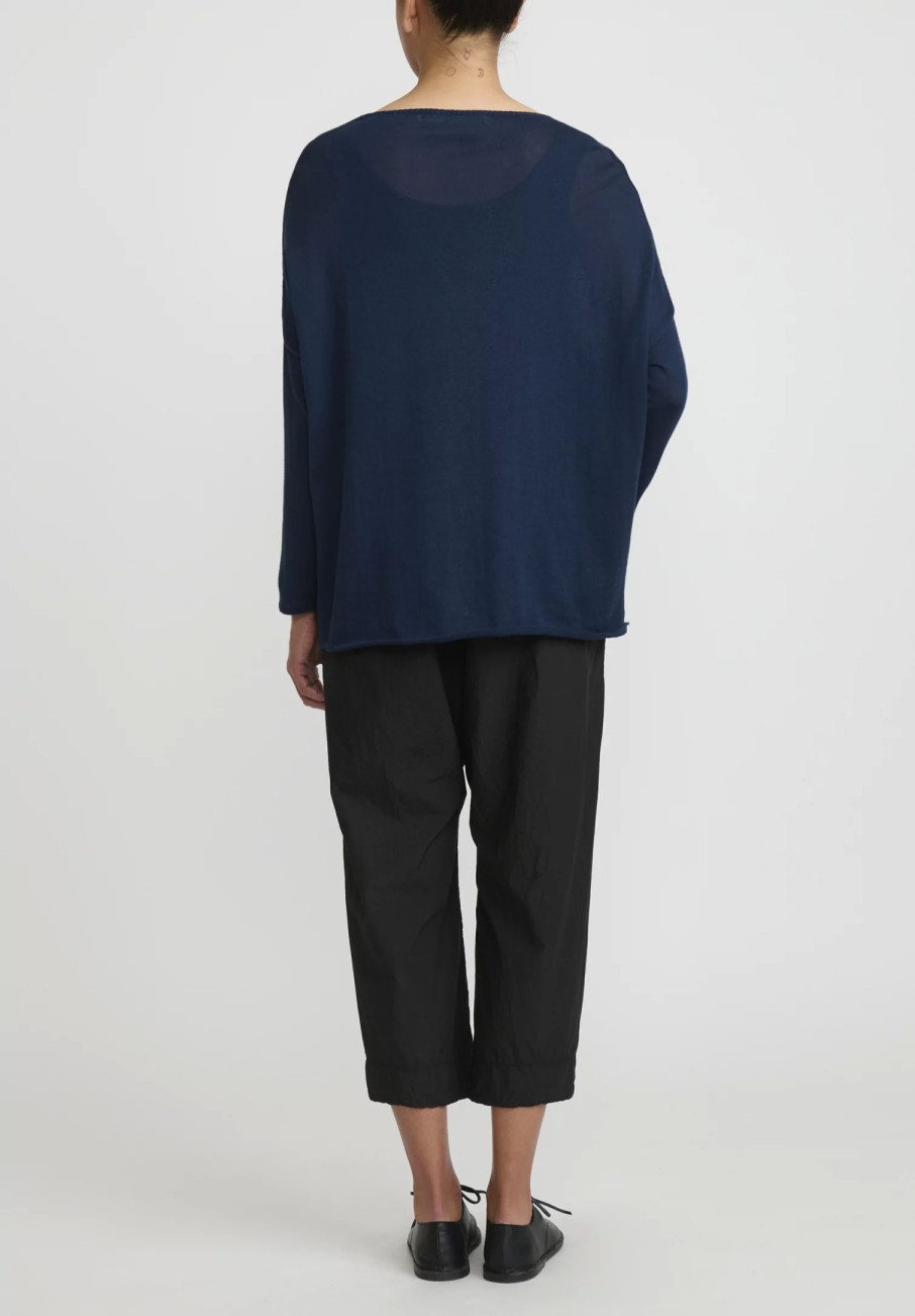 Album di Famiglia Tops | Serie Numerata Cotton Knit Scollo V-Neck Top In Navy Blue