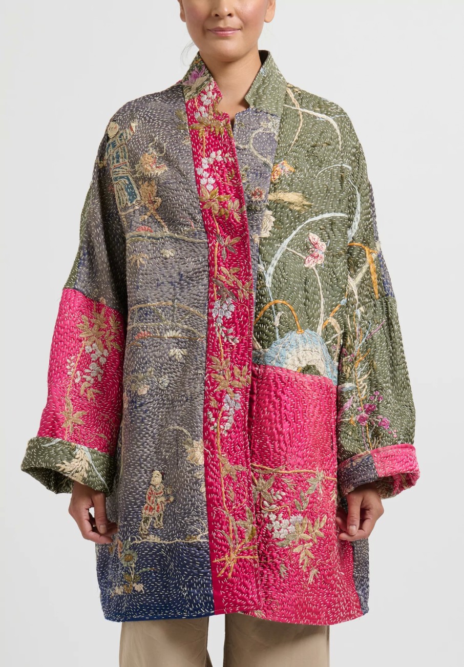 By Walid One Of A Kind | Antique Embroidered Silk Basma Coat In Red Indigo & Peacock