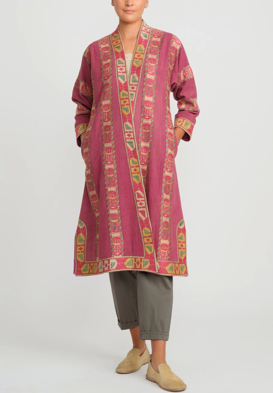 Mehmet Cetinkaya Decorative Coats | Uzbek Embroidered Silk Chapan Robe In Pink