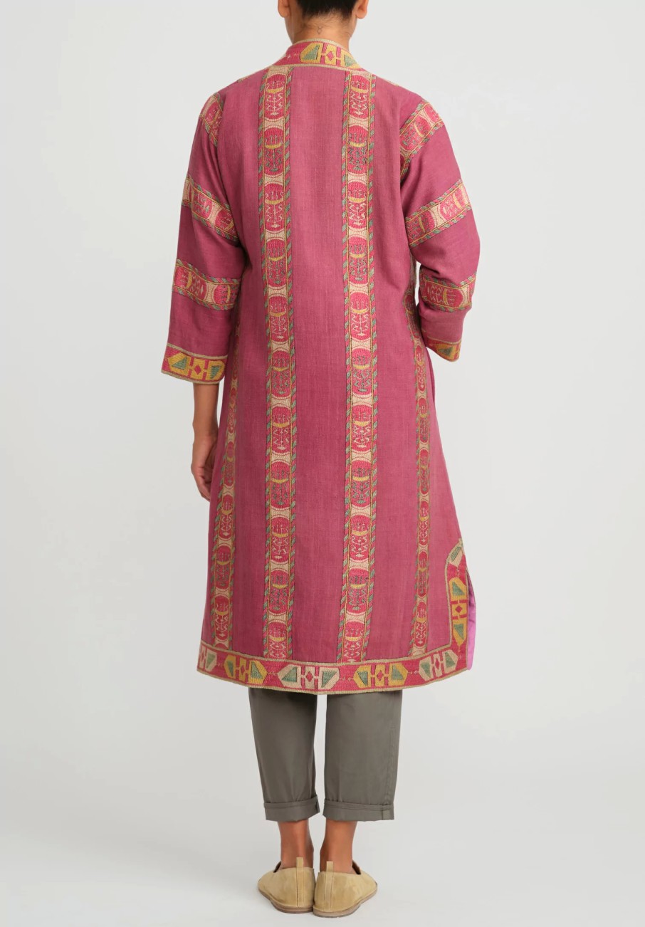 Mehmet Cetinkaya Decorative Coats | Uzbek Embroidered Silk Chapan Robe In Pink