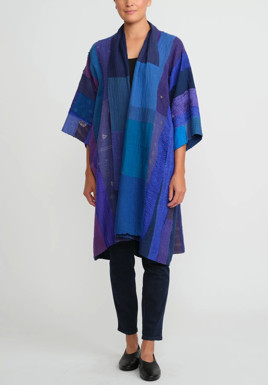 Mieko Mintz Jackets | Cotton & Silk A-Line Duster In Stripe & Chech Blue