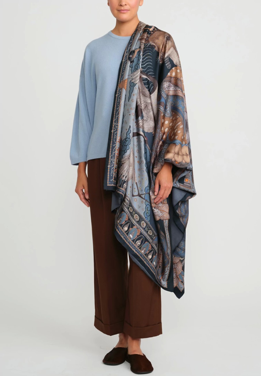 Sabina Savage Scarves & Shawls | Silk And Cashmere The Song Deer Stole In Storm Blue & Steel