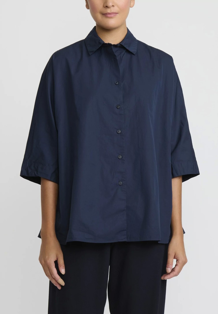 Casey Casey Shirts & Blouses | Cotton Waga Short Sleeve Shirt In Navy Blue