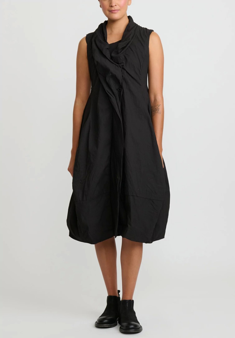 Rundholz Dip Dresses | Cotton Ruched Neck, Button Front Tulip Dress In Black