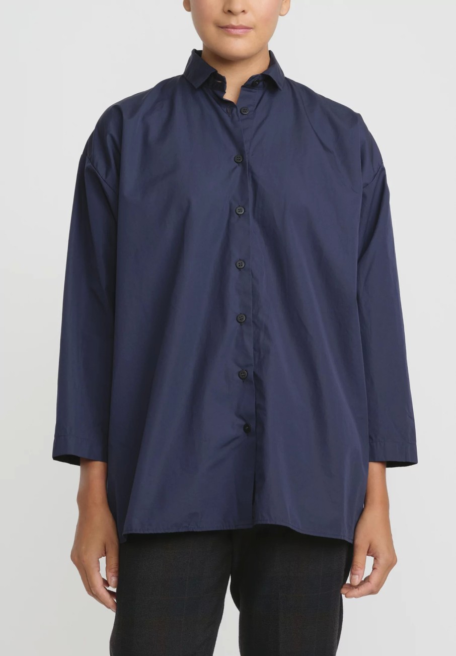 Bergfabel Shirts & Blouses | Washed Cotton Poplin Overshirt In Marine Blue