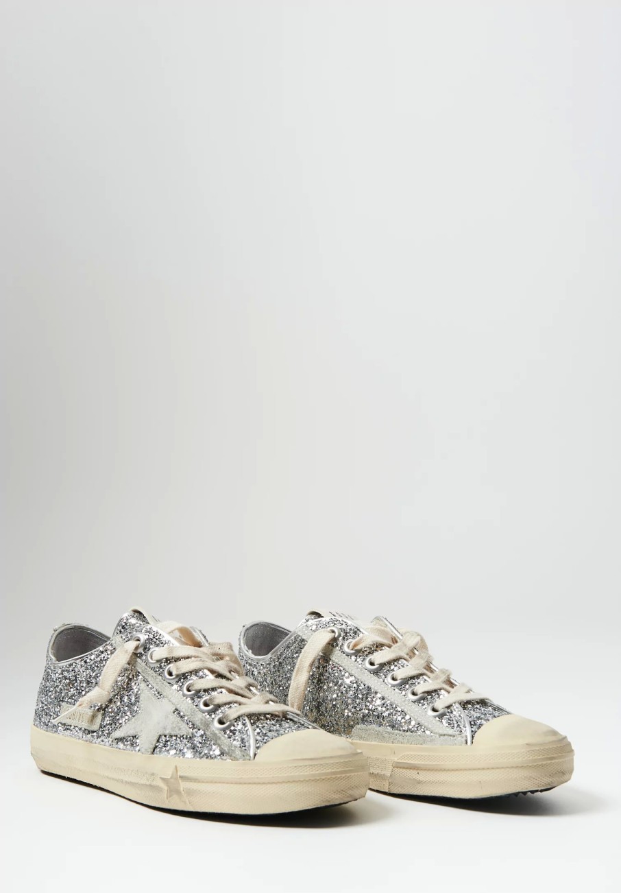 Golden Goose Sneakers | Glitter & Suede V Star 2 Sneaker In Silver Ice