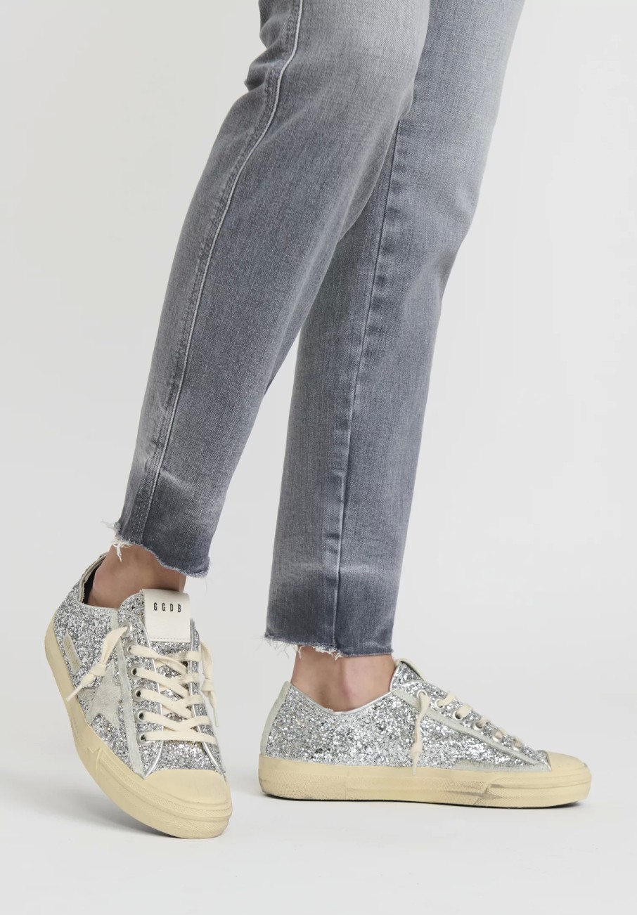 Golden Goose Sneakers | Glitter & Suede V Star 2 Sneaker In Silver Ice