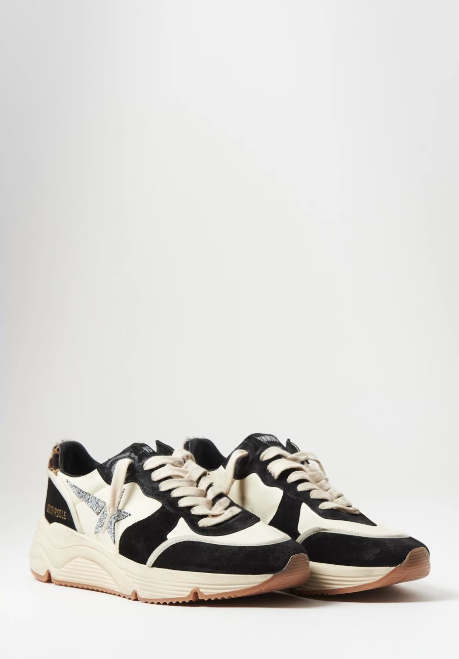 Golden Goose Sneakers | Leather & Suede Running Sole Spezzata Shoe In Black, White & Swarovski