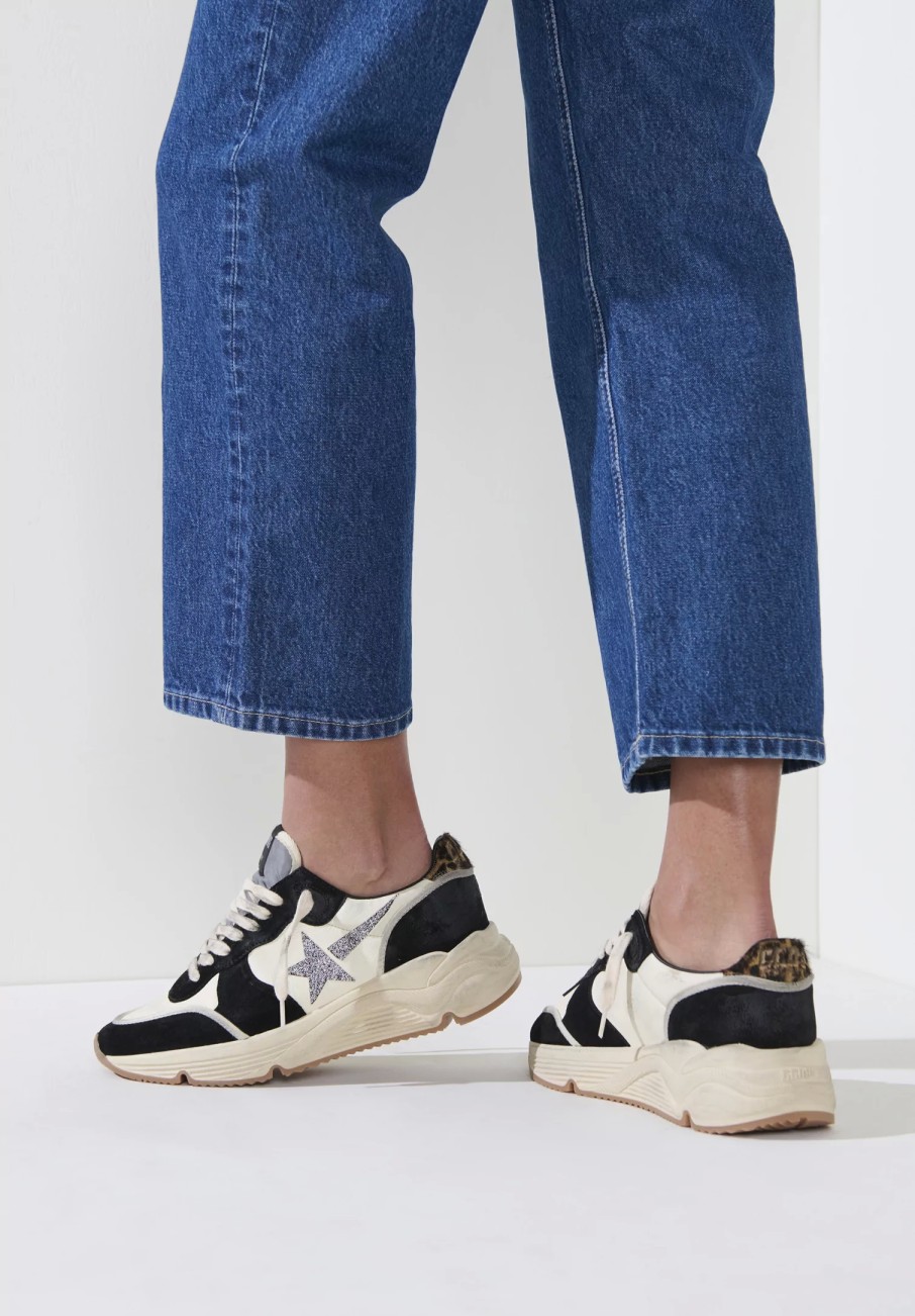 Golden Goose Sneakers | Leather & Suede Running Sole Spezzata Shoe In Black, White & Swarovski